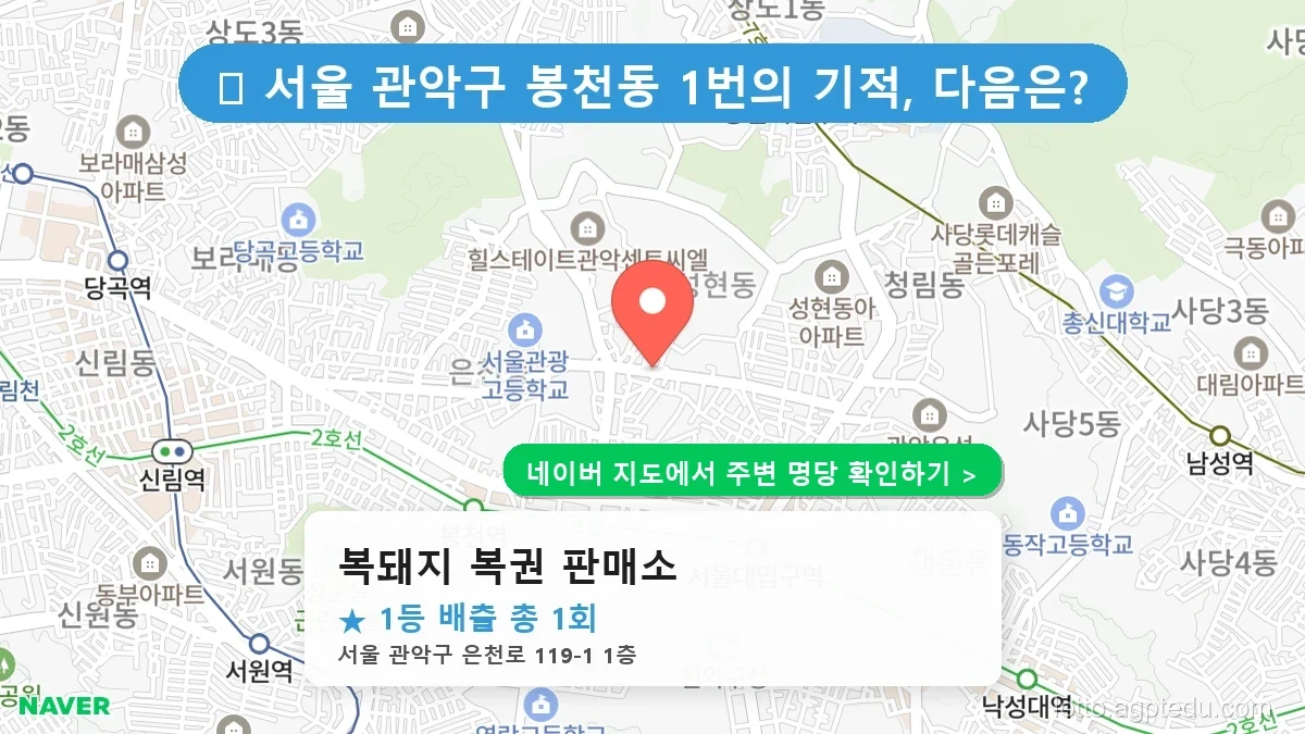 제1232회 관악구 봉천동 로또 명당 복돼지 복권 판매소 위치 및 상세정보