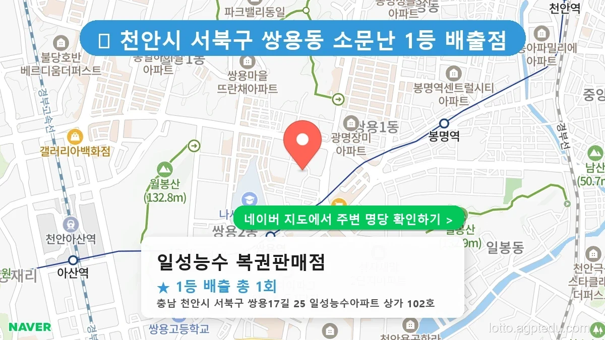 제1232회 천안시 쌍용동 로또 명당 일성능수 복권판매점 위치 및 상세정보