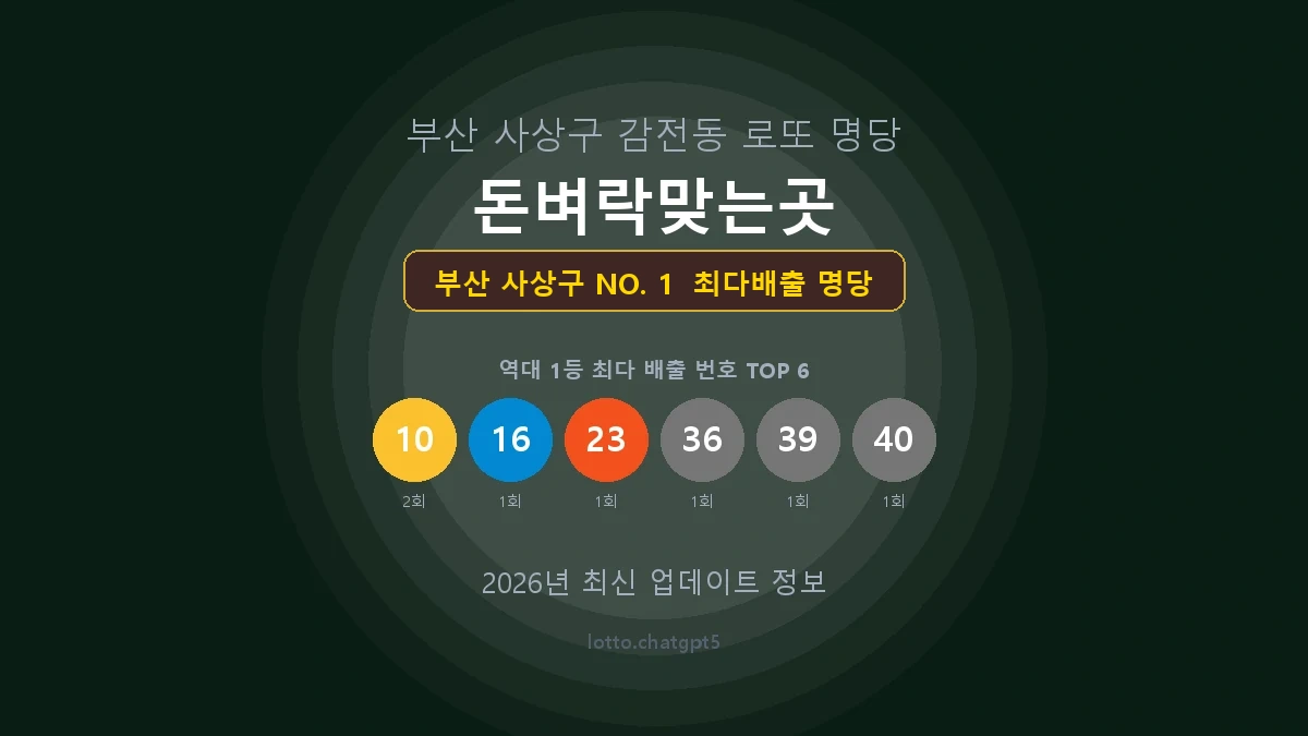 부산 사상구 로또 1등 당첨 지역 지도 명당 안내, TOP 1, 판매점 최다 출현 번호, 당첨 내역, 매장 위치 제공