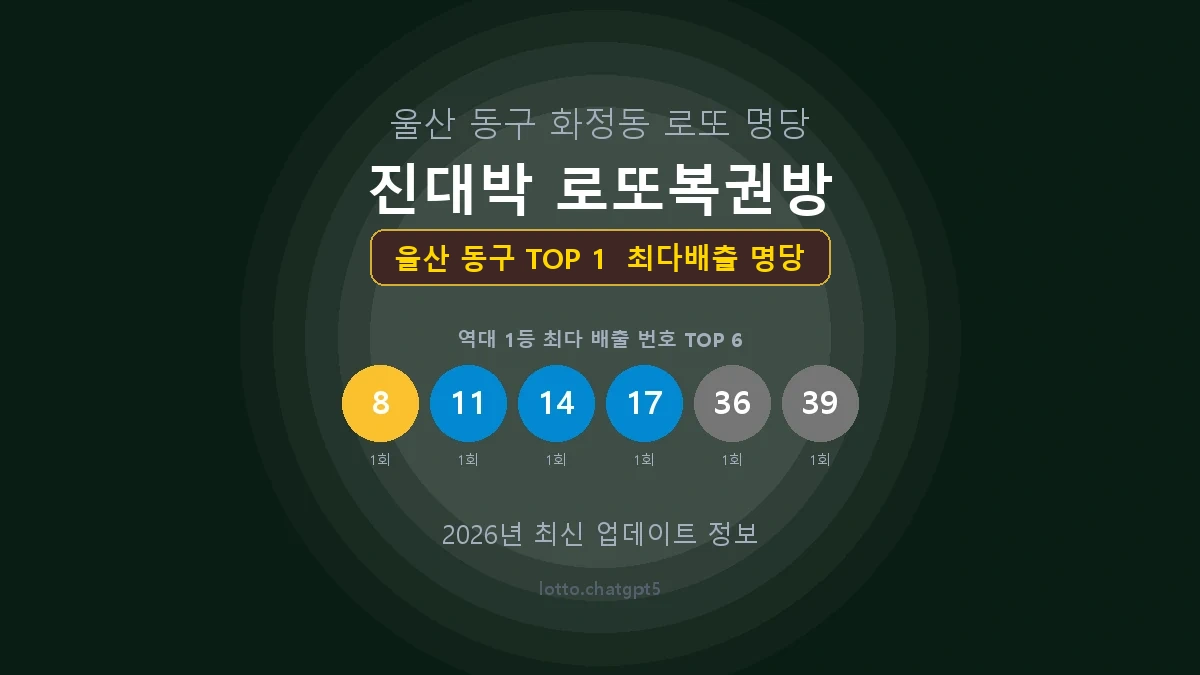 울산 동구 로또 1등 당첨 지역 지도 명당 안내, TOP 1, 판매점 최다 출현 번호, 당첨 내역, 매장 위치 제공