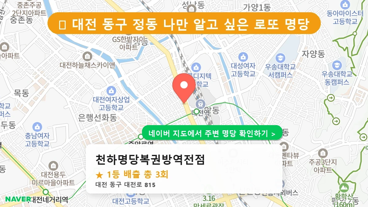 대전 동구 정동 로또 명당 천하명당복권방역전점 1등 당첨 배출점 전경
