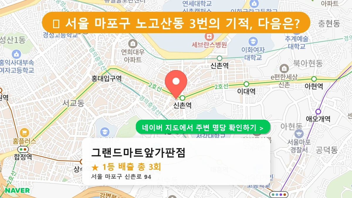 서울 마포구 노고산동 로또 명당 그랜드마트앞가판점 1등 당첨 배출점 전경