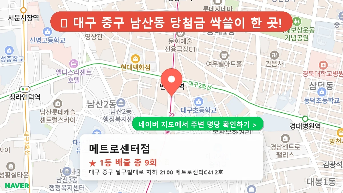 대구 중구 남산동 로또 명당 메트로센터점 1등 당첨 배출점 전경