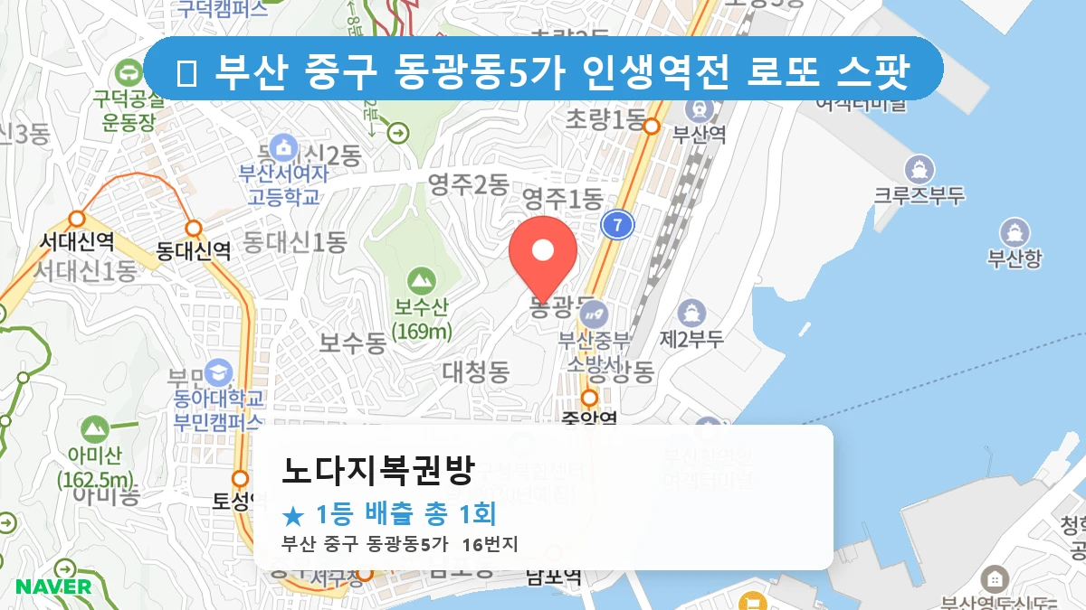 부산 중구 동광동5가 로또 명당 노다지복권방 1등 당첨 배출점 전경