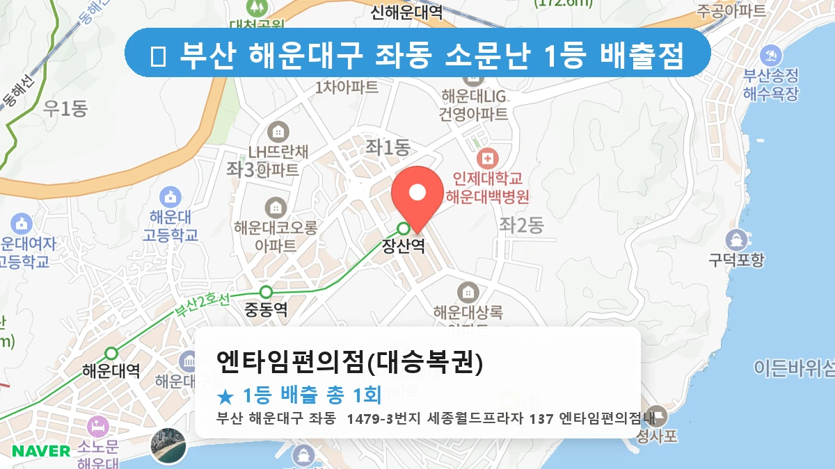 부산 해운대구 좌동 좌동 로또 명당 엔타임편의점(대승복권) 1등 당첨 배출점 전경