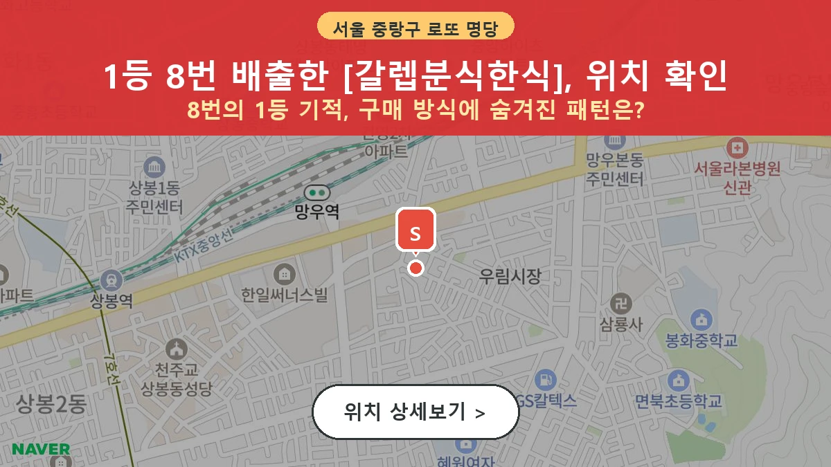 서울 중랑구 망우동 로또 명당 갈렙분식한식 1등 당첨 배출점 전경
